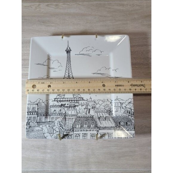 222 Fifth City Scenes Eiffel Tower Plate 8" Square Black & White Fine Porcelain - Picture 3 of 6